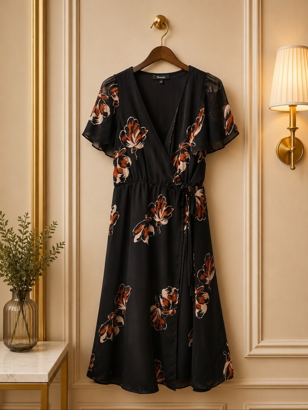 Madewell Size 4 Black Floral Wrap Dress with Brown and Cream Blooms